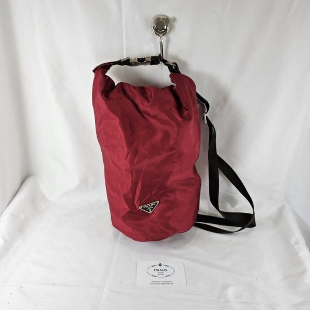 PRADA Tessuto Hobo Bag Red Metal Buckle Tech Roll Top